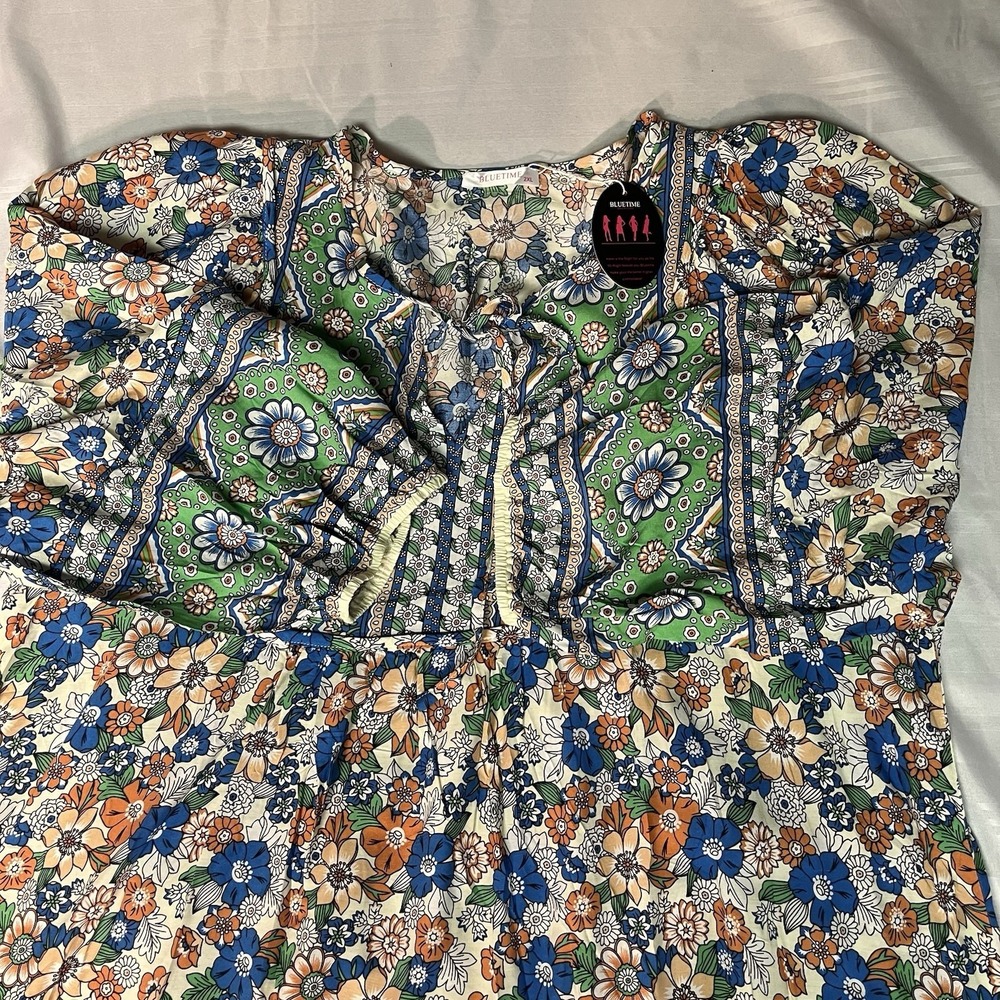 Bluetime Women Dress Boho V-Neck 3/4 Sleeve Babydoll Floral Festival Flowy 2XL - Picture 8 of 14